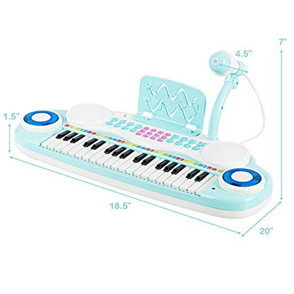 Costzon 37 Keys Electronic Keyboard Piano for Kids, Portable Musical Keyboard with Rhythm Light, Microphone, Recording, Music Stand, 8 Tone Keys, 4 Percussion Instruments (Blue) - style: Blue