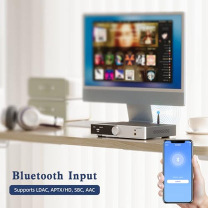 SMSL AS400 Power Amplifier 165W x 165W DAC Headphone Amp MM Phono Preamp | MA5332M5 Chip USB/Coax/Opt/HDMI ARC/RCA/Phono Input 2.1 Channel Speaker/Subwoofer 4.4mm/6.35mm Headphone Output Silver