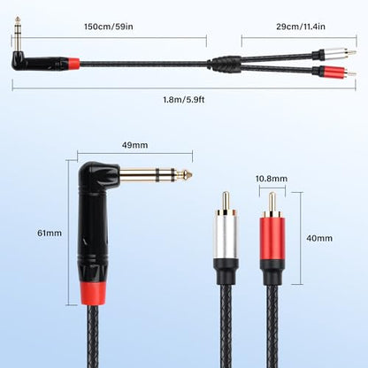 SinLoon 6.35mm TRS to 2 RCA Audio Cable 1.8M/6Ft (RCA-Male) | 1/4" Stereo Male to Dual RCA Y Splitter Cable for DVD Players Amplifiers