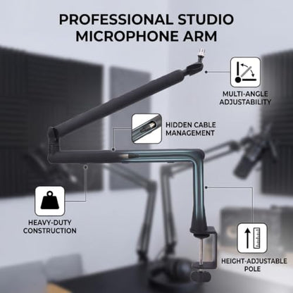 Studio Mic Arm with Cable Management, 5.7in Extension Pole, Adjustable Microphone Boom Arm for Podcast Recording