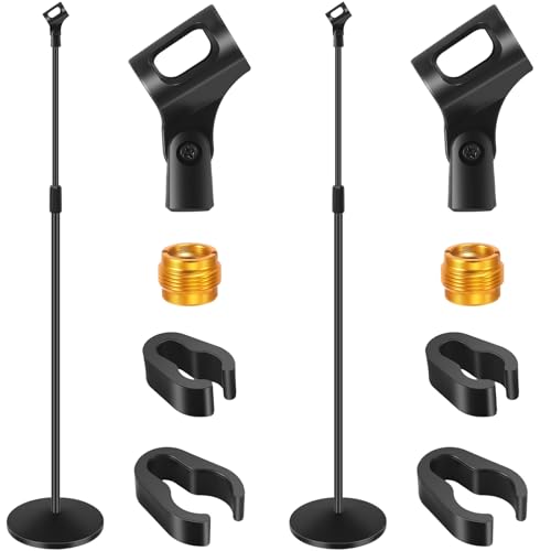 Copkim 2 Sets Mic Stand Round Base Microphone Stand Universal Detachable Podcast Mic Stand for Singing Studio Stage Karaoke, Height Adjustable from 33" to 60", with Mic Clip, 3/8'' to 5/8''adapter