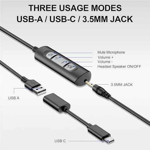 Voistek USB Headset with Mic,PC Headphones with Noise Cancelling Microphone | 3.5mm Plug,Detachable USB-A Cable & USB-C Adapter,In-Line Volume Control,Mute Button for Teams Zoom,Home Office - color: Raven Black
