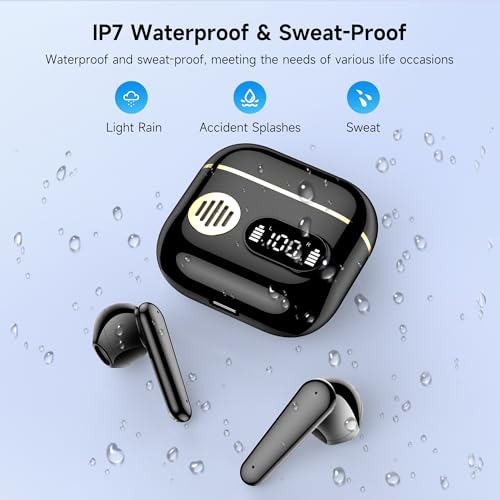 CoolJumper Wireless Earbuds, 48 Playtime Headphones with Micphone, LED Display in Ear Earphones Clear Calls IPX7 Waterproof Running Earpiece Midnight Black