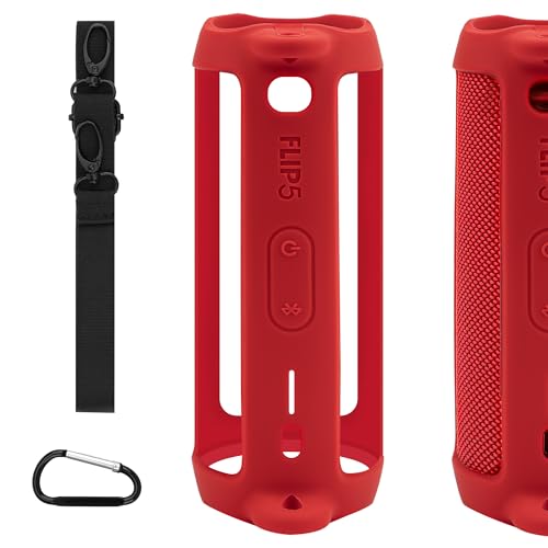 Geekria Silicone Speaker Case Cover Compatible with JBL Flip 5, Protective Soft Skin, Replacement Portable Speakers Travel Carrying Sleeve with Keychain Hook and Shoulder Strap (Red)