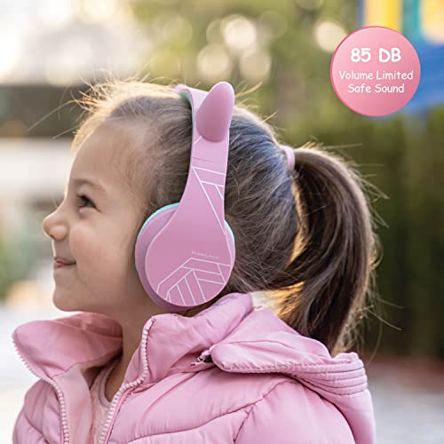 PowerLocus Kids Headphones Over-Ear, Bluetooth Wireless Headphones for Kids,with Microphone, Safe 85DB Volume Limited, Foldable with Carry Case, Audio Cable, Micro SD mode for Online Classes,PC,Phones - color: Pink/Teal