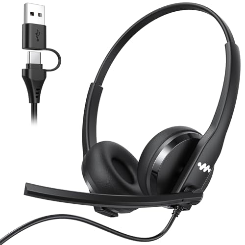 USB Headset with Microphone for PC，Wired Computer Laptop Headset with Noise Cancelling Microphone, Work Headphones with Mic for Home Office Teams Zoom (USB-A&C)-Black