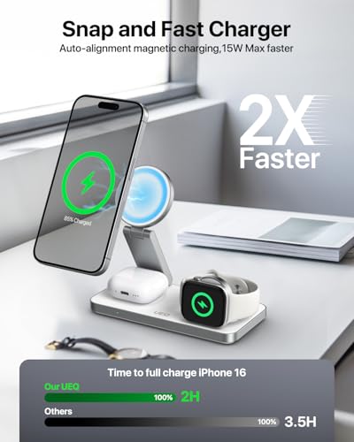 UEQ Foldable 3 in 1 Wireless Charging Station for Apple Compatible with Magsafe Charger Stand,Magnetic Wireless Charger Station for iPhone 17 Air 16 15 14 13 12 Series,Airpods Pro,Apple Watch (White) - color: White