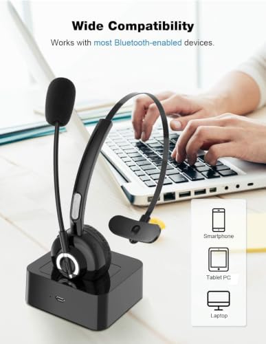 Trucker Bluetooth Headset V5.0, Wireless Call Center Business Headphone with CVC Mic, 18H Talktime Multipoint Charging Dock, for Customer Service, VoIP, Phones, PC