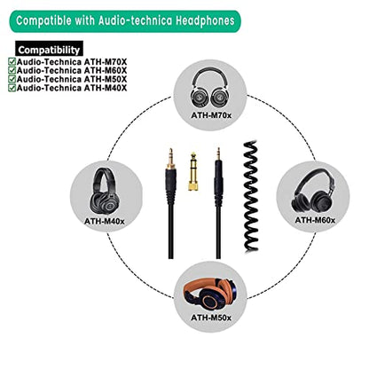 Sqrmekoko Coiled Audio Cable Replacement for Audio-Technica ATH-M50x, M40x, M60x, M70x Headphones – 4.6 to 10FT Extendable Cord, Professional Studio Aux Cable