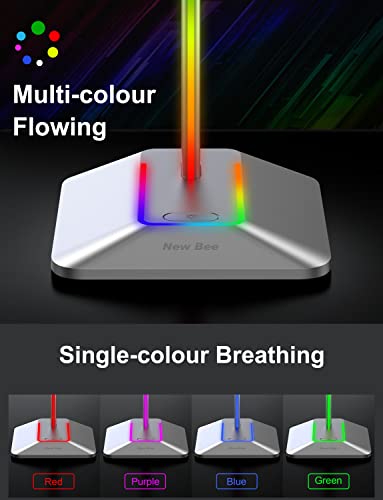 New Bee RGB Headphone Stand with 1 USB-C Charging Port and 1 USB Charging Port, Desk Gaming Headset Stand with 7 Light Modes and Non-Slip Rubber Base Suitable for All Earphone Accessories (Silver) | USB-C & USB Charging Ports, Stable Desktop Earphone Stan
