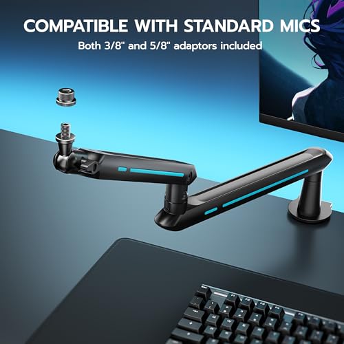 ARES WING Aluminum Low Profile Mic Arm with 4.4 lbs Load Capacity, Black | Adjustable Microphone Boom Arm with 3/8” to 5/8” Screw Adapter, Desk Mount Mic Stand for Gaming Streaming Podcasting - color: Black
