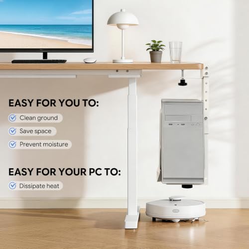 Adjustable Under Desk PC Mount, Heavy Duty No Drilling Clamp Mount on Desk Fits Most PC Tower 14.5”-22.4” (H) , Thickened & Ultra Strong CPU Holder for Standing Desk & Home Office, White - color: White