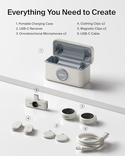 Belkin Stage Wireless Mini Microphone, Dual Lavalier Mic Set, Magnetic | 24-bit/48kHz audio, noise reduction, magnetic clip-on, 36-hour battery, for iPhone, Android, YouTube, vlogging - style: Microphone