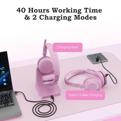 Bluetooth Wireless Headset with Mic for Work, Advanced Noise Reduction Microphone, Clear Calls - Comfortable On-Ear Headphones, Bluetooth 5.3, Applicable to Laptop, PC, Zoom, Office(Pink) - color: Pink