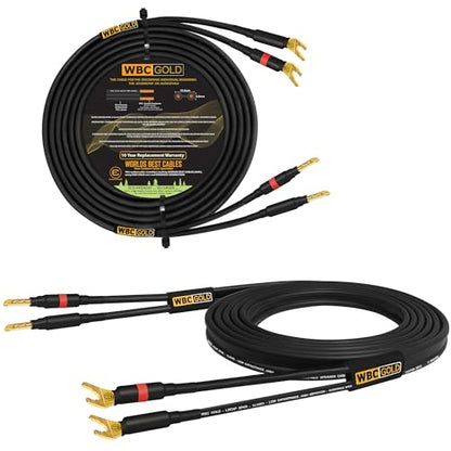 WORLDS BEST CABLES 3 Foot WBC-GOLD-LOCAP-SPKR-12 AWG - Low-Capacitance - Low-Inductance - High Purity OFC - Audiophile HiFi Speaker Cable Pair with Eminence Gold Banana (x2) & Spade (x2) Plugs - size: 3 FT, style: 2 Cables - Banana-Spade