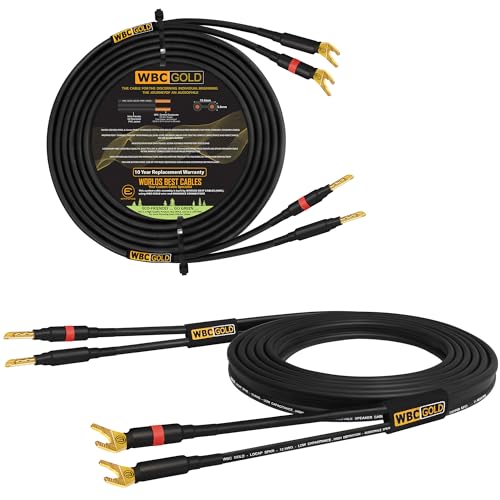 WORLDS BEST CABLES 4 Foot WBC-GOLD-LOCAP-SPKR-12 AWG - Low-Capacitance - Low-Inductance - High Purity OFC - Audiophile HiFi Speaker Cable Pair with Eminence Gold Banana (x2) & Spade (x2) Plugs - size: 4 FT, style: 2 Cables - Banana-Spade