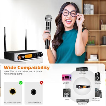 Wireless Microphone System, Fixed Frequency, Dual UHF Handheld Microphones, 200ft Long Range, Plug & Play, Cordless Microphone for Singing, Karaoke, DJ, Church, Wedding, Home KTV