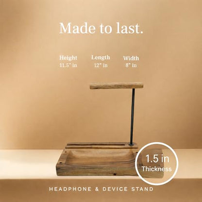 Multi-Device Headphone Stand, Acacia Wood Tech Organizer with Storage Tray | Solid 1.5 in thick acacia wood organizer for headphone, phone, tablet & accessories, gaming & office desk setup, workspace - style: Headphone Cell iPad Holder