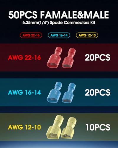 50 Pcs Electrical Male& Female Spade Connectors, 22-16 16-14 12-10 AWG Gauge Wire Connectors Nylon Fully Insulated Spade, Terminal Connectors Quick Disconnect for Speak