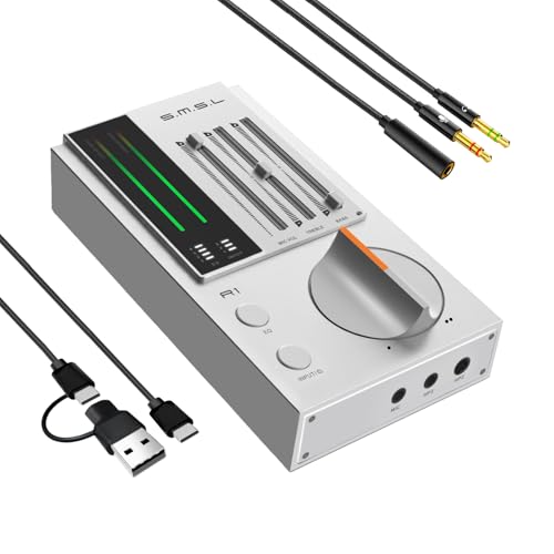 SMSL R1 DAC Headphone Amplifier, Desktop USB C Digital to Analog Audio Converter for Gaming PC PS5, Microphone/USB/Opt/Coax Input 3.5mm/4.4mm Balanced/RCA Output, EQ Mode/Bass/Treble Adjust (Silver)