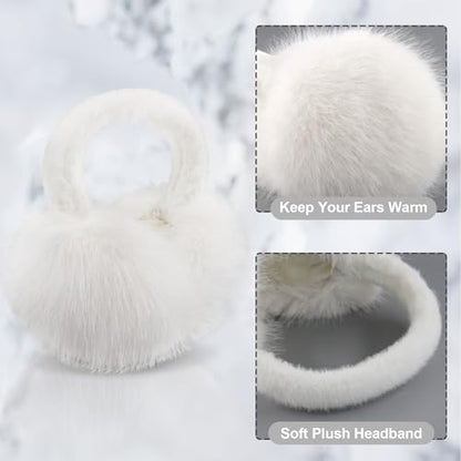 Earmuffs for Women Girls Faux Fur Fuzzy Headband Foldable Ear Covers Cold Weather Accessory - color: White