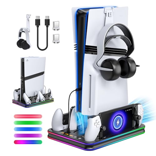 FYOUNG All in One Cooling Stand & Charger Station for PS5/Slim/Pro Console and Controller Charing Dock, Charging Stand for PlayStation Portal, Headset and Remote Holder with RGB Light Stand (Black) - color: Black