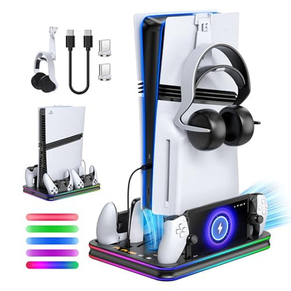 FYOUNG All in One Cooling Stand & Charger Station for PS5/Slim/Pro Console and Controller Charing Dock, Charging Stand for PlayStation Portal, Headset and Remote Holder with RGB Light Stand (Black) - color: Black