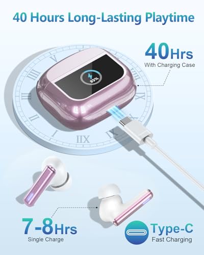 ZIUTY Wireless Earbuds Bluetooth Headphones, ANC/ENC Noise Cancelling, Ear Buds with Multifuntional Touch Screen, 40H Stereo Sound for Sports, IPX7 Clear Calls, 5 EQ for iOS Android (Pink) - color: Pink