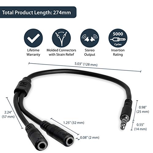StarTech.com Headset Adapter, Microphone and Headphone Splitter - 3.5mm Male Aux to 3.5mm Female Audio & Mic Combo Jack Y Cable for Laptop / PC (MUYHSMFF) Black | 3.5mm Male Aux to 3.5mm Female Audio & Mic Combo Jack Y Cable for Laptop / PC, Microphone an