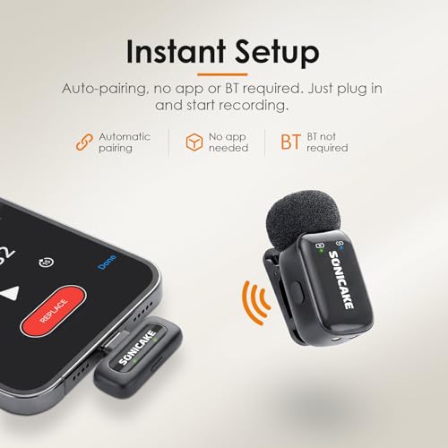 SONICAKE Wireless Mini Microphone for iPhone & Android，Mini Lavalier Microphone - Noise Reduction Lapel Mic,Clip-on Mini Mic with USB-C for Video Recording YouTube TikTok Podcast Content Creators