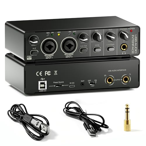 2X2 USB Audio Interface for PC Mac Laptop, 24Bit 192kHz for Computer Recording, Guitar, Streaming, Podcasting, with 48V Phantom Power, XLR TSR TS Ports
