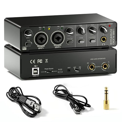 2X2 USB Audio Interface for PC Mac Laptop, 24Bit 192kHz for Computer Recording, Guitar, Streaming, Podcasting, with 48V Phantom Power, XLR TSR TS Ports