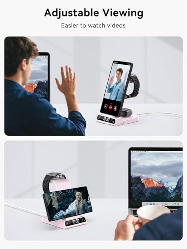 Wireless Charger for Samsung Charging Station with Clock for Samsung Galaxy S25 Ultra/S24 Ultra/Z Flip 6/5/Fold 5/Bud 2, 3 in 1 Charging Station Watch Charger for Samsung Galaxy Watch 7/6/5Pro(Pink) - color: Pink