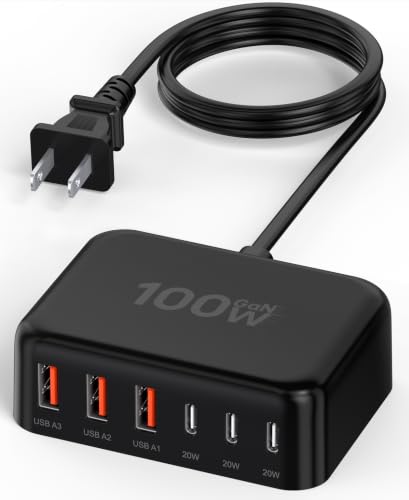 100W 6 in 1 USB Charger, 50% Smaller Charging Station for Multiple Devices | Fast Charging Blocks with Type C Port, USB Charging Hub Organizer Multiport Power Strip for iPhone,Samsung,Ipad,Kindle,Travel - color: B-Black