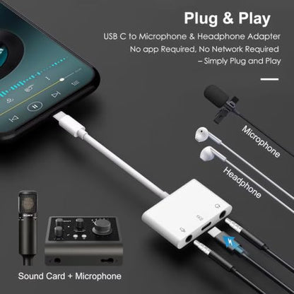 USB C to Microphone & 3.5mm Headphone Adapter with PD Fast Charging for Live-Streaming, 3-in-1 Aux to USB C Audio & MIC Splitter Compatible with iPhone 17/16/15, iPad Pro, Galaxy S26, and More