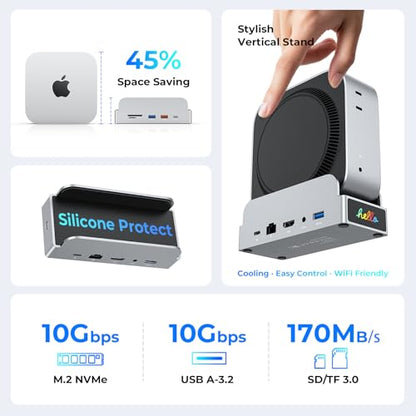 MiniDock Mac mini M4 Dock and Stand, 11-in-1 USB-C Hub with 8TB M.2 NVMe SSD Enclosure, Smart Display, 4K@60Hz HDMI, Gigabit Ethernet, SD/TF, 3.5mm Audio, PD Charging, for Mac mini/Pro/Air/Windows - color: Gray