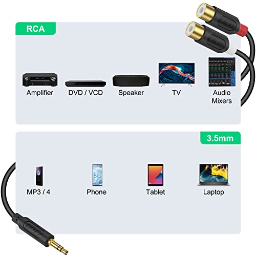 J&D Aux to RCA Cable, Gold Plated Audiowave Series 3.5mm Male to 2RCA Female Auxiliary Stereo Audio Adapter Headphone Jack Y Splitter Compatible with Smartphones, MP3, Tablets, Speakers, 3 Feet