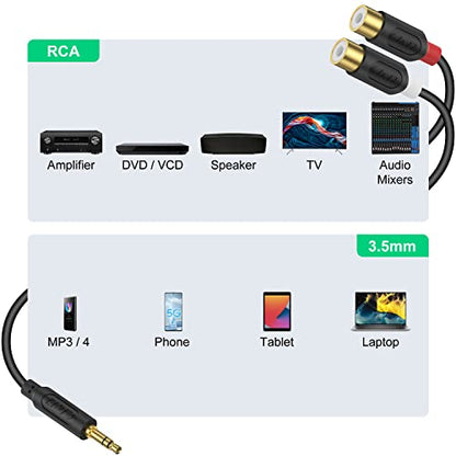 J&D Aux to RCA Cable, Gold Plated Audiowave Series 3.5mm Male to 2RCA Female Auxiliary Stereo Audio Adapter Headphone Jack Y Splitter Compatible with Smartphones, MP3, Tablets, Speakers, 3 Feet