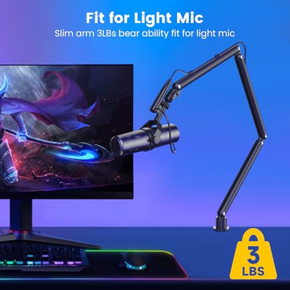 Adjustable Microphone Boom Arm for Lightweight Mics, 30-inch Rotatable Desk Stand with Cable Management & 3/8" 5/8" Threads, Space-Saving Design for Streaming, Podcasting, Gaming (Black)