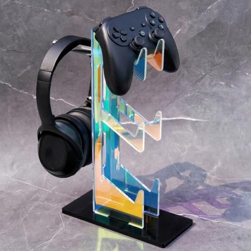 NiHome Controller Holder Headphone Stand 3-Tier Iridescent Acrylic Gaming | Headset Mount With Anti-Slip Base, Cable Holes, Universal For PS5 Xbox Switch, Desk Organizer, Gamer Gifts - size: Iridescent 3-Tier