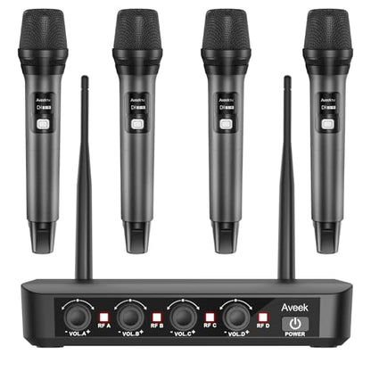 Aveek Wireless Microphone System 4 Pack, 262FT Long Range Low Latency Mics | 40H Rechargeable Battery, Stable Signal, Studio Sound, Handheld Karaoke Mics for Singing, Church, Speech, Wedding, Home Party