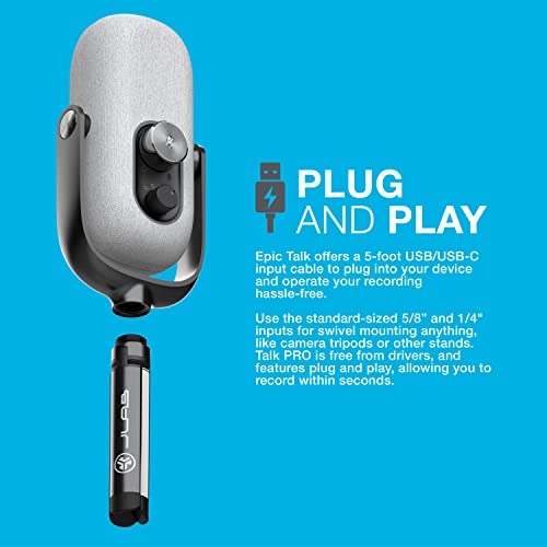 JLab Epic Talk USB-C Microphone with Cardioid, Omni, Stereo, bi-Directional Modes, gain and Mute Controls, 3.5mm aux, White - color: White