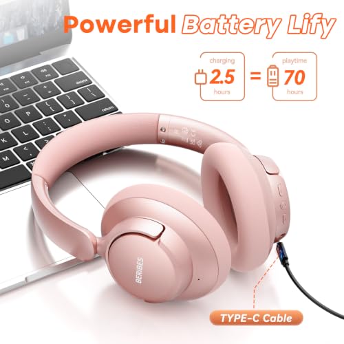 BERIBES Hybrid Active Noise Cancelling Headphones Wireless Over Ear 70Hours | Foldable Bluetooth 6.0,Transparent Modes,3.5MM Cable,Lightweight Built-in Mic,HiFi Stereo Deep Bass,Soft-Earpad,Fast Charging - color: Rose gold-1
