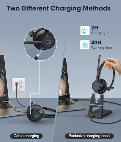 Bluetooth Headset with AI Noise Cancelling Microphone, V5.3 Wireless Headphones with USB Dongle, Charging Station, Microphone Mute Switch, Wireless Headsets for Work