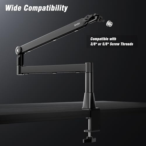 BASN Low Profile Microphone Boom Arm Stand with Desk Clamp - Rotatable & Storable Design, Cable Management Channel, 3/8" to 5/8" Thread Adapter for Podcast, Gaming, Streaming, Vocal Recording
