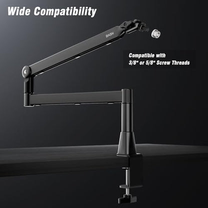 BASN Low Profile Microphone Boom Arm Stand with Desk Clamp - Rotatable & Storable Design, Cable Management Channel, 3/8" to 5/8" Thread Adapter for Podcast, Gaming, Streaming, Vocal Recording