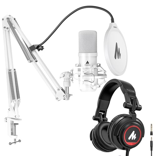 MAONO USB XLR Condenser Microphone with Headphones: PC Computer Podcast Cardioid Metal Mic Kit for Recording, Studio, Singing, YouTube (A04 Gen2 White+MH501)