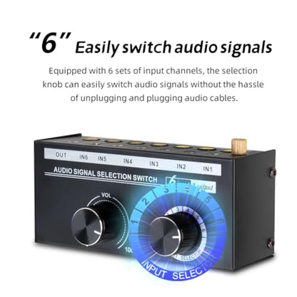 Audio Switcher -6-Way 3.5/6.35mm Stereo Audio Switch - Signal Source Switcher Selector Splitter Box with Line Controller, Black, 500735575