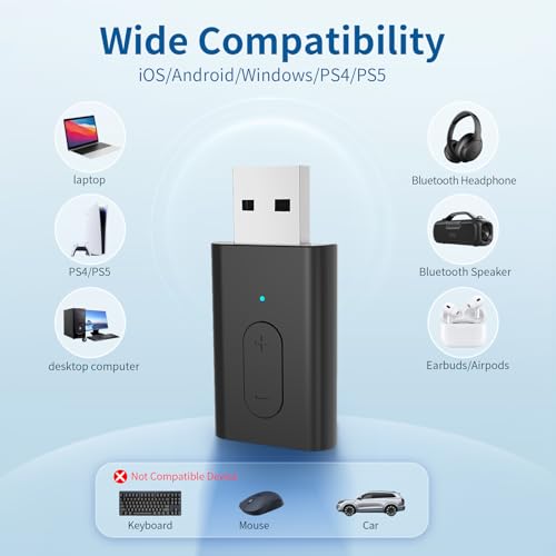Bluetooth 5.3 Transmitter, APTX Adaptive APTX Low Latency Dual Device Connection,for PS5,PS4, Switch, PC, TV,Bluetooth Headphones (Plug Play)