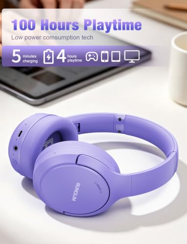 RUNOLIM Hybrid Active Noise Cancelling Headphones, Wireless Over Ear Bluetooth Headphones with Microphone, 100H Playtime, Foldable Headphone with HiFi Audio, Deep Bass for Home Travel Office（Purple） - color: Purple